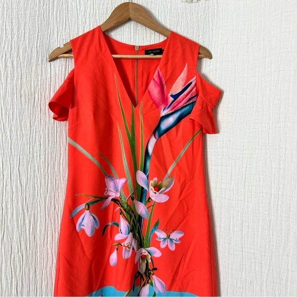 Ted Baker Leea Orange Colorful Floral Print Cold Shoulder Dress Size 2 V Neck - Picture 8 of 12
